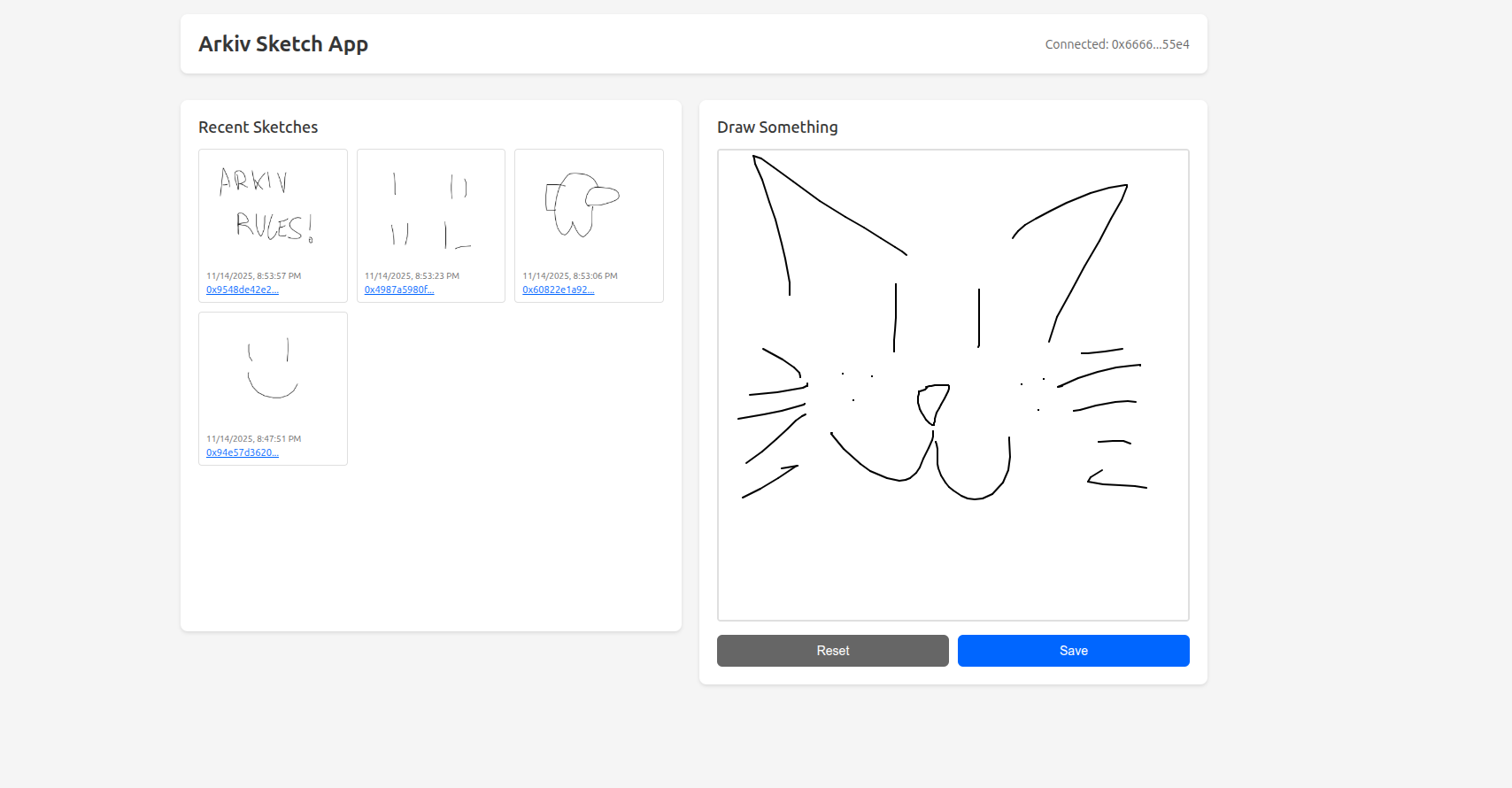 Screenshot of the sketch application showing a drawing canvas and a gallery of saved sketches.